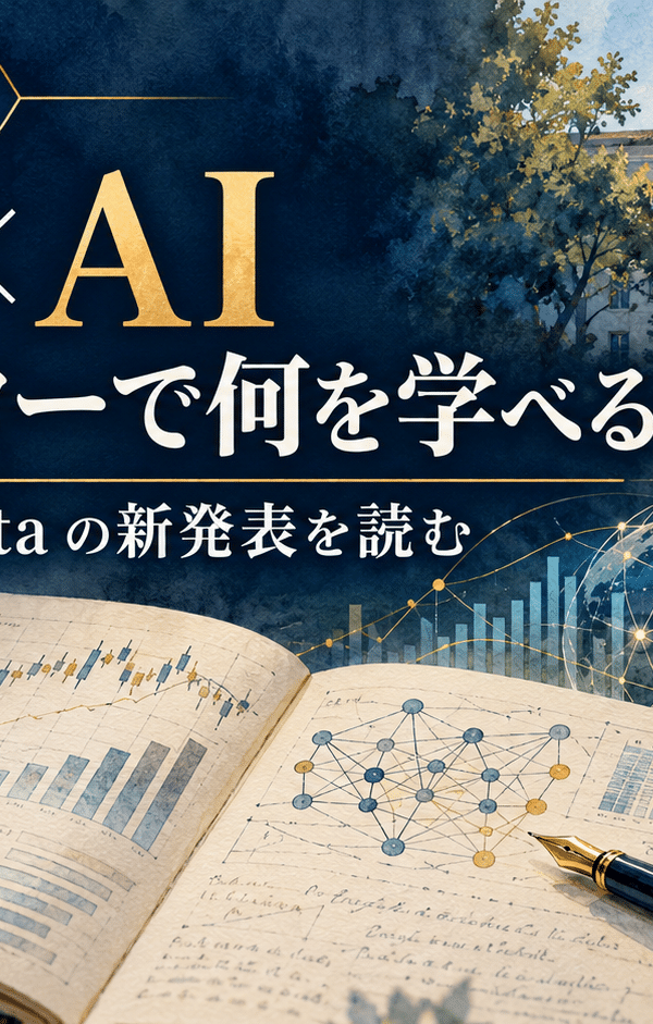 金融とAIの図を記したノート、研究拠点を象徴する建物と開いた扉を描いた概念イラスト。「金融×AI 研究センターで何を学べる？」の見出し。実在施設の写真ではない。
