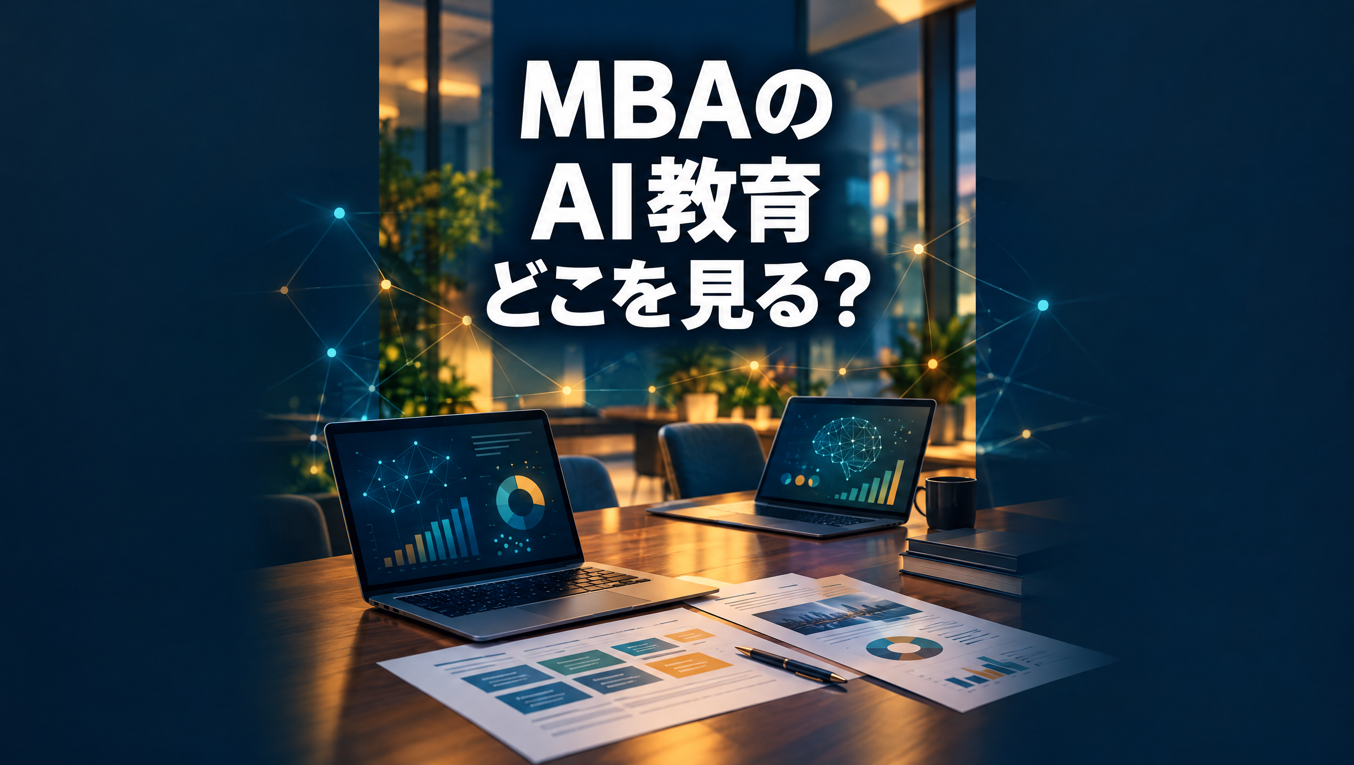 MBAのAI教育を、カリキュラムと実践の機会から考える記事の表紙。夜のビジネススクールの会議室にノートパソコンと資料が並び、「MBAのAI教育 どこを見る？」と表示したAI生成イメージ。
