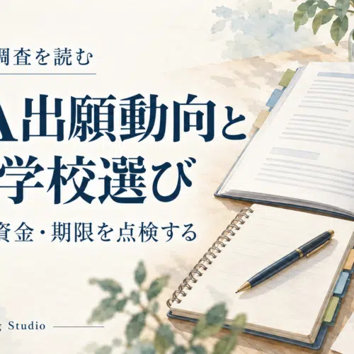 GMAC最新調査を読み、準備・適合・資金・期限からR2の学校選びを考えるアイキャッチ。資料とノートを描いた落ち着いた水彩画。