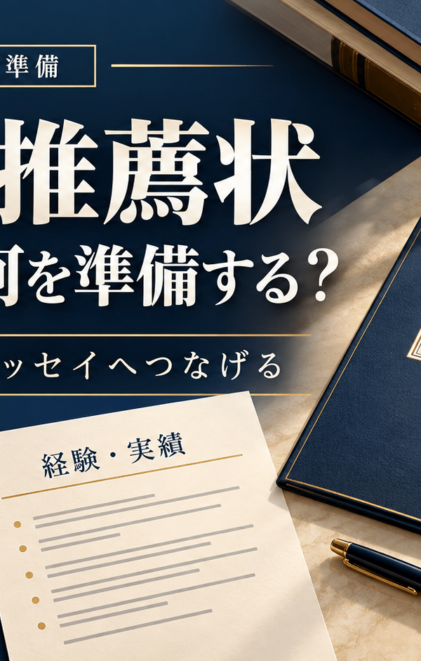 MBA推薦状の依頼先と準備をテーマに、経験・実績のメモと推薦状・エッセイの書類を並べたアイキャッチ。