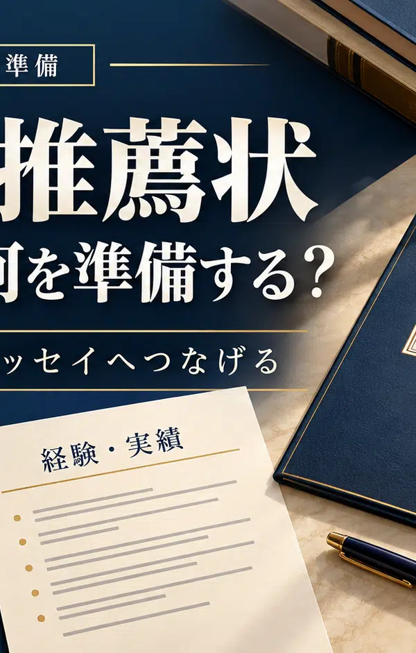 MBA推薦状の依頼先と準備をテーマに、経験・実績のメモと推薦状・エッセイの書類を並べたアイキャッチ。