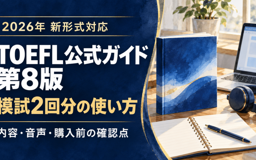 青と白の背景に参考書、ノート、ヘッドホンを描き、TOEFL公式ガイド第8版の2026年新形式対応と模試2回分の使い方を伝えるサムネイル。書籍は実物表紙ではないイメージ。
