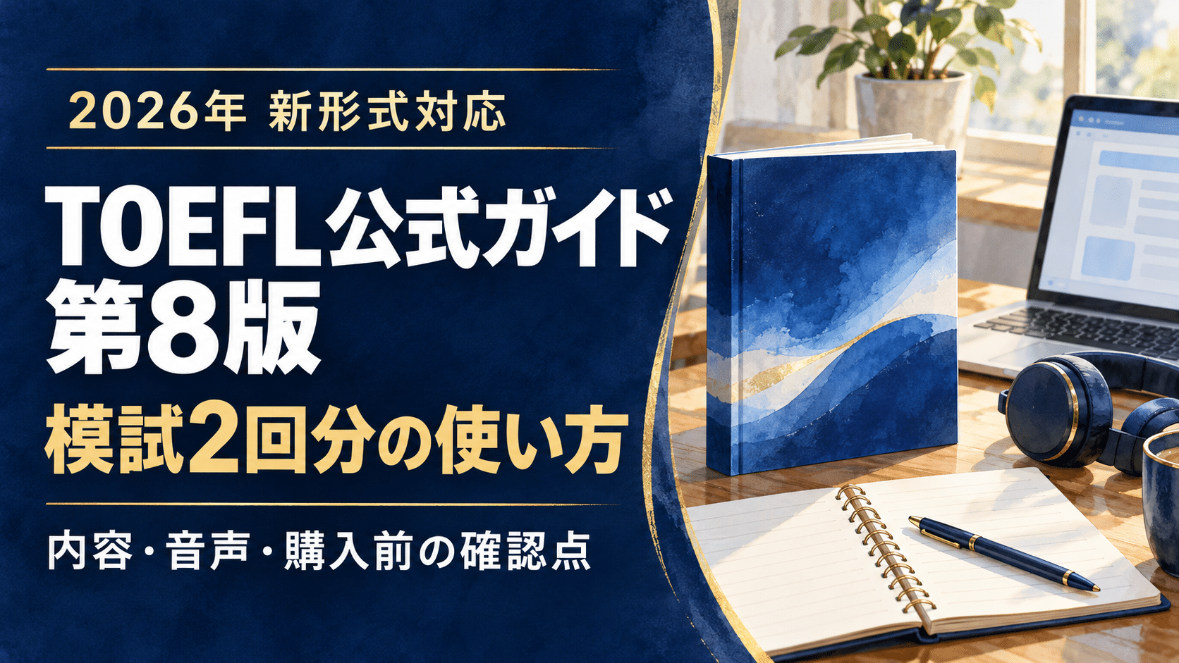 青と白の背景に参考書、ノート、ヘッドホンを描き、TOEFL公式ガイド第8版の2026年新形式対応と模試2回分の使い方を伝えるサムネイル。書籍は実物表紙ではないイメージ。
