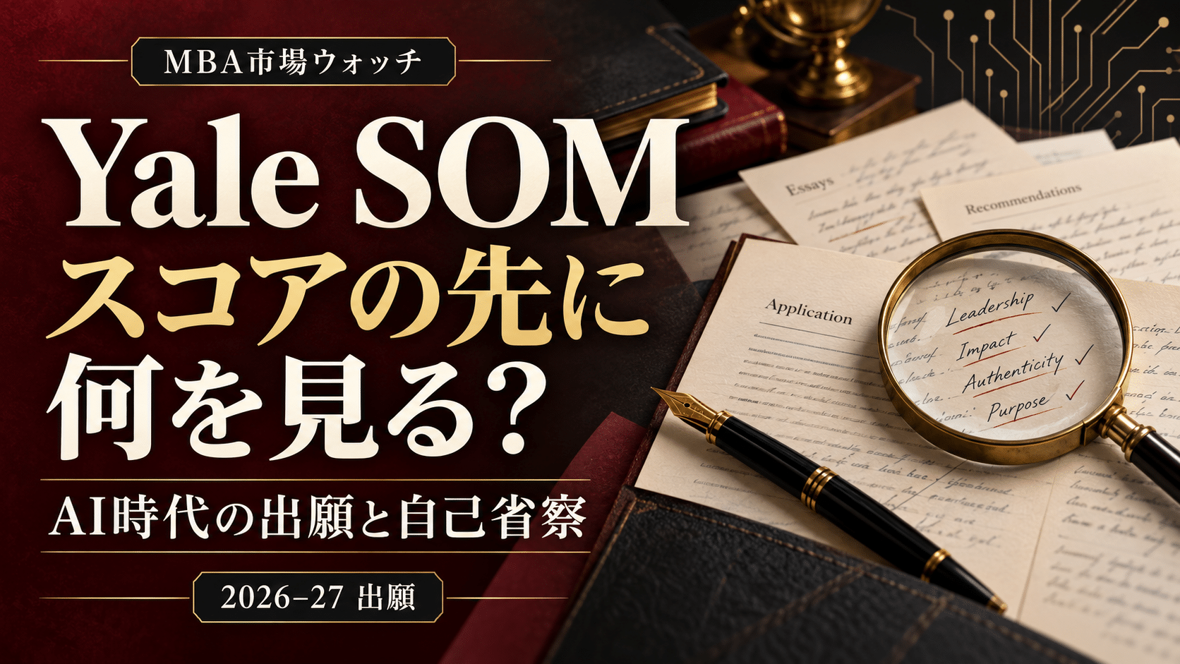 出願書類と虫眼鏡を背景に「Yale SOM スコアの先に何を見る？」「AI時代の出願と自己省察」「2026–27 出願」と記したサムネイル。
