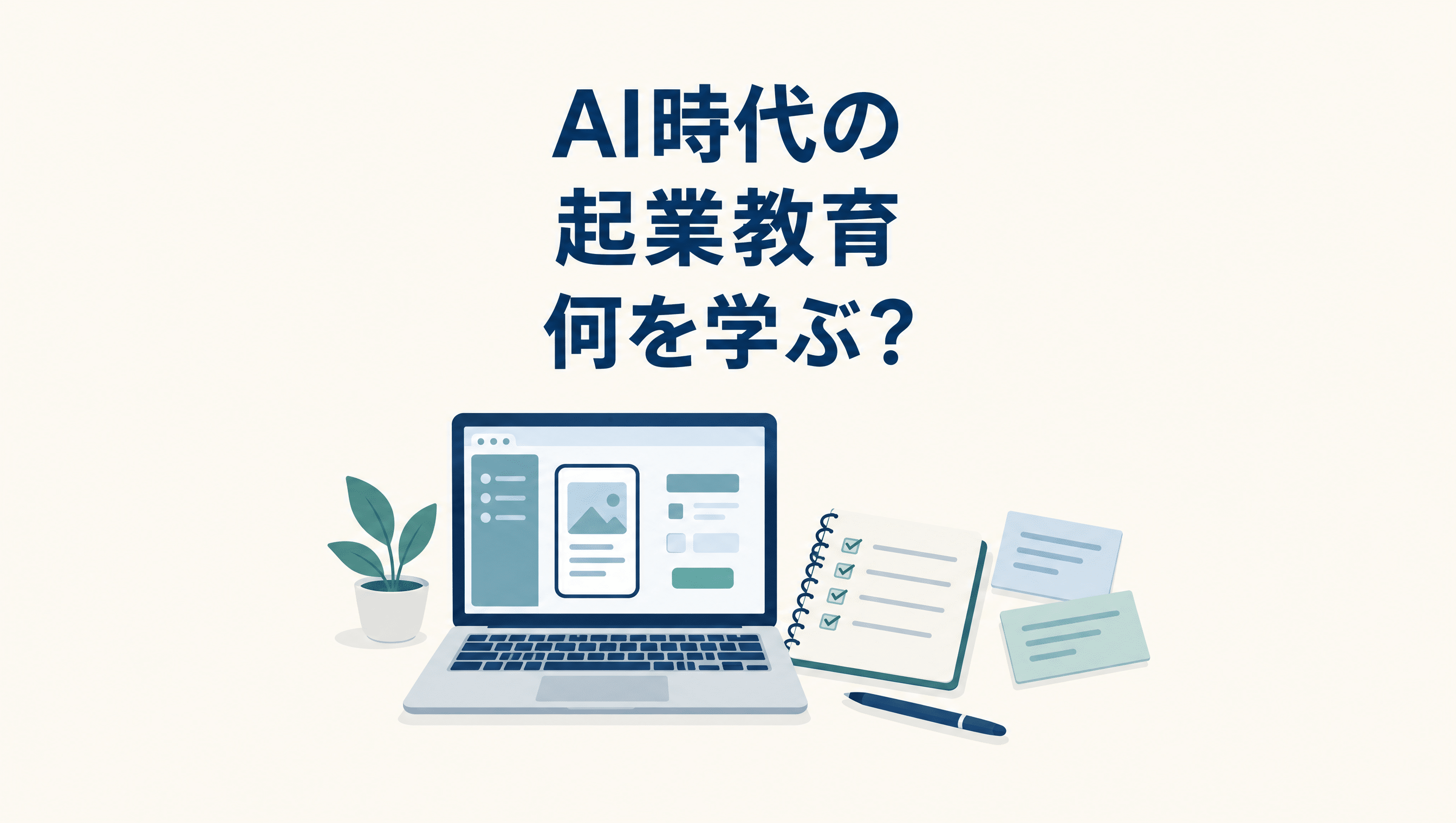 AI時代の起業教育を表す、ノートパソコンの試作画面とチェックリストのノートのイラスト。「AI時代の起業教育 何を学ぶ？」と表示。