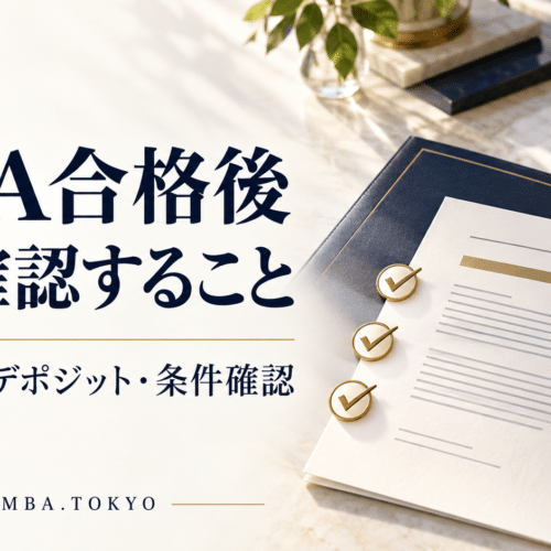 MBA合格後に確認する入学承諾・デポジット・条件確認を、書類とカレンダー、チェックマークで表したアイキャッチ。
