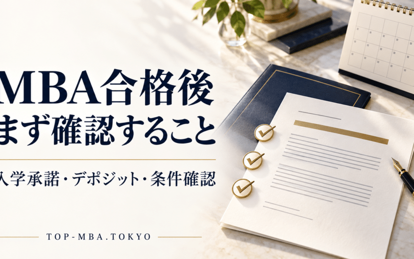 MBA合格後に確認する入学承諾・デポジット・条件確認を、書類とカレンダー、チェックマークで表したアイキャッチ。