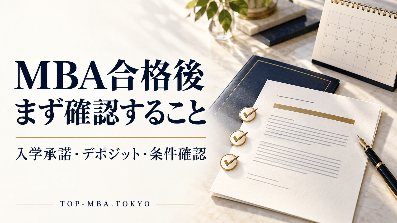 MBA合格後に確認する入学承諾・デポジット・条件確認を、書類とカレンダー、チェックマークで表したアイキャッチ。