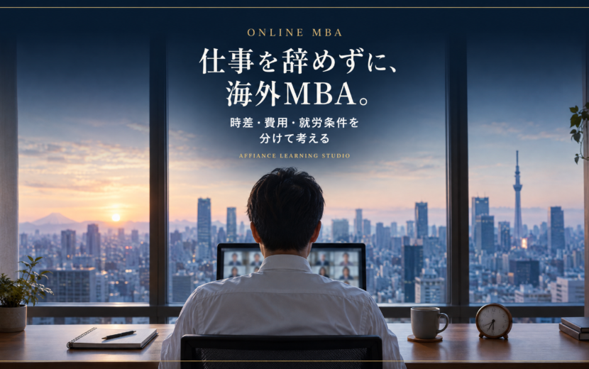 早朝の東京の部屋で、白いシャツの会社員が窓辺の机からオンライン授業に参加している後ろ姿。窓の外に夜明けの東京の街並み。