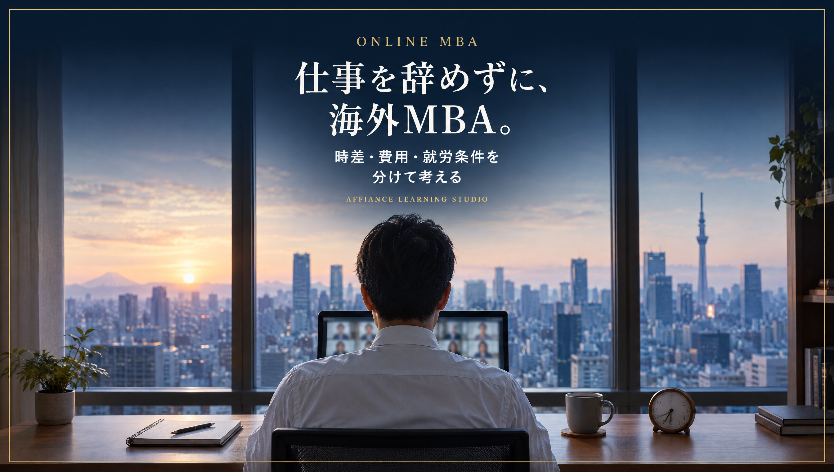 早朝の東京の部屋で、白いシャツの会社員が窓辺の机からオンライン授業に参加している後ろ姿。窓の外に夜明けの東京の街並み。